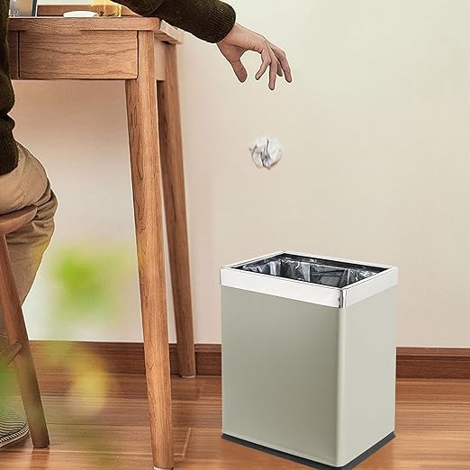 'Invisi-Overlap' Open Top Metal Trash Can Small Office Wastebasket Modern Home Décor Rectangle Shape (Light Gray)
