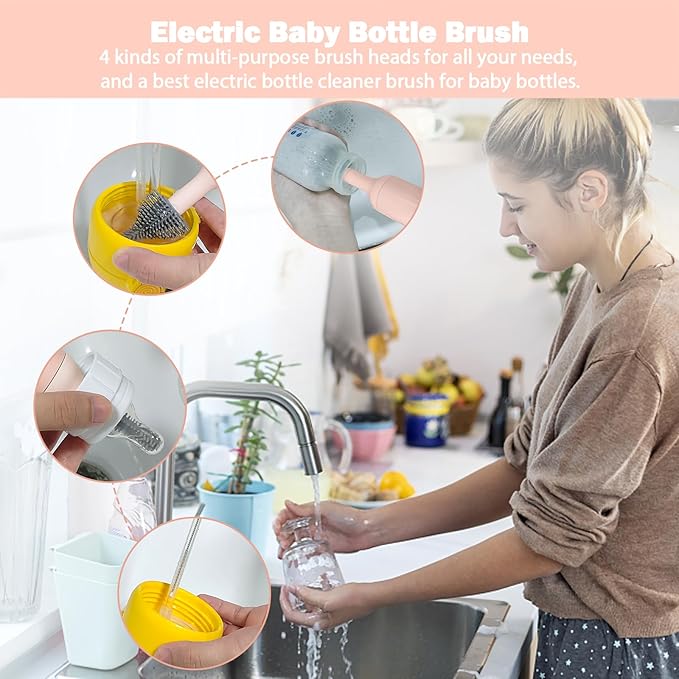 Electric Baby Bottle Brush Set with Rechargeable Electric Bottle Brush Cleaner and Replaceable Silicone Bottle Brushes and Straw Brush Cleaner Waterproof Multi-Purpose Cleaning Brush(Pink)