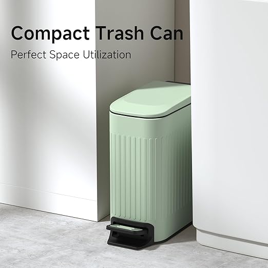 TIPGO Slim Bathroom Trash Can with Lid Soft Close Step Pedal 6 Liter / 1.6 Gallon Stainless Steel Trash Bin Small Garbage Cans for Bedroom Office Kitchen (Green)