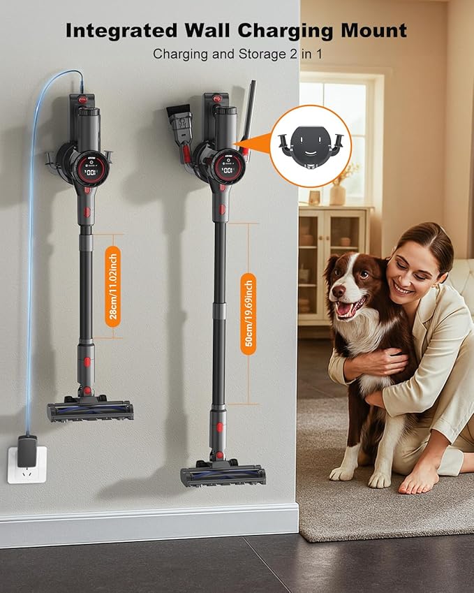 Cordless Vacuum Cleaner Stick Vacuum Rechargeable 550W 45KPA Powerful Suction Lightweight Vacuum Cleaners for Home Anti-Tangle Self Standing for Pet Hair Hardwood Floor Carpet - Black
