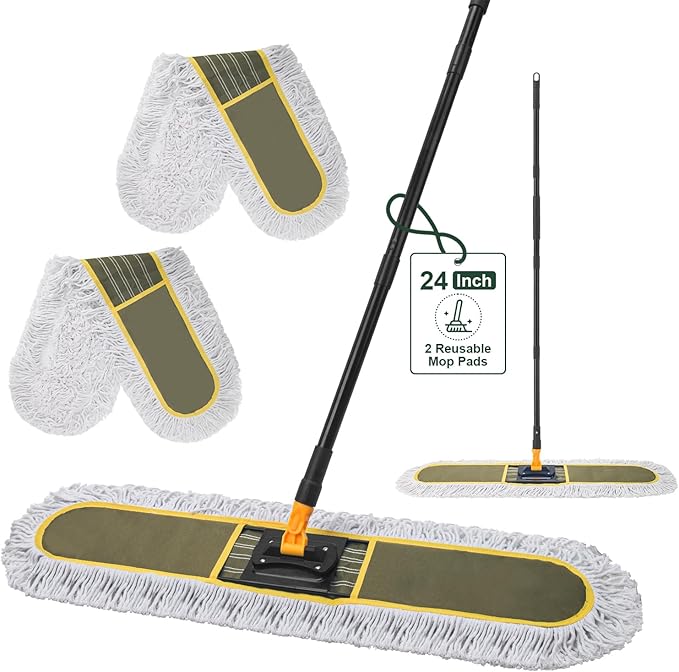 24 Commercial Dust Mops for Floor Cleaning with 2 Replacement Mop Pads Heavy Duty Large Dust Mop for Hardwood Floors Industrial Wet Dry Floor Duster for Office Garage Warehouse Factory Mall