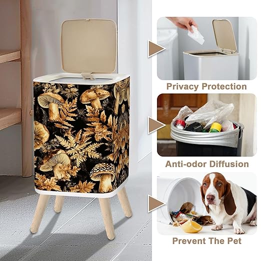 Small Trash Can with Lid Mushroom Seamless Boho Black Brown Mushroom Forest Vintage Mushrooms 2.6 Gallon/10L Garbage Can Waste Bin with Pop-Up Lid Wood Legs Wastebasket for Bathroom Kitchen Bedroom