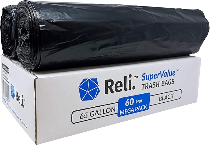 Reli. SuperValue 65 Gallon Trash Bags | 60 Count | Made in USA | Heavy Duty | Black Multi-Use Garbage Bags