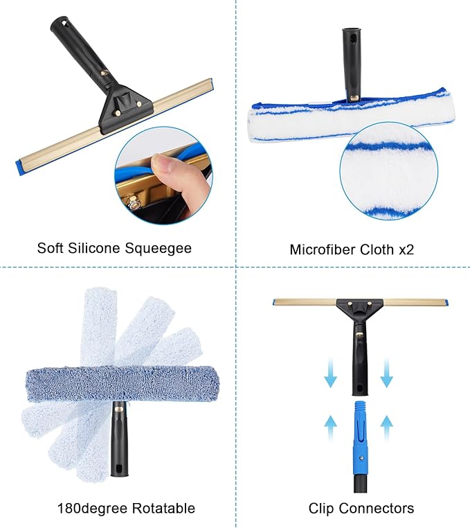 Window Cleaning Kit with Storage Bucket Window Squeegee with 4.13ft Extension Pole Scrubber Spray BottleDuster Cloth Squeegee with Rotating Head Professional Window Cleaning Tools