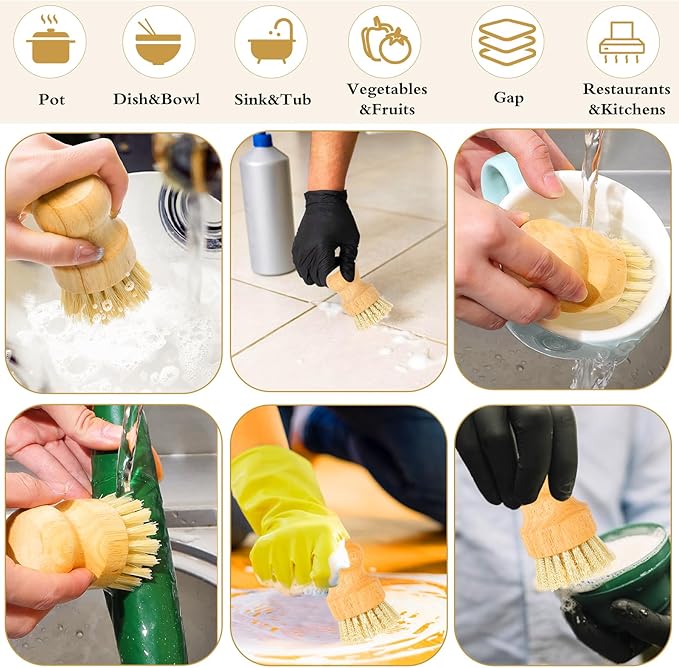 12 Pcs Bamboo Dish Scrub Brushes with Natural Sisal Bristles for Cleaning Pots Pans Dishes Sink 3.14x2.17 Inches