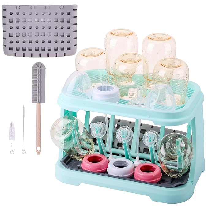 Baby Bottle Drying Rack with Brush &amp Dishwasher Basket - Space Saving Standing Drying Rack for Baby Bottles Pump Parts &amp Accessories Compact Organizer Holds Up to 8 Bottles (Blue)