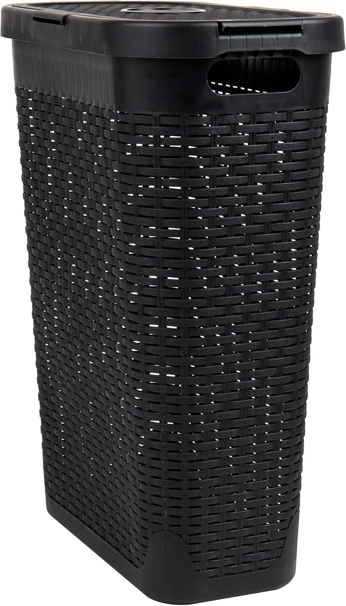 Mind Reader Slim Laundry Hamper with Lid 40L Clothes Basket Narrow Tapered Design with Ventilated Cutout Pattern Plastic Set of 2 Black