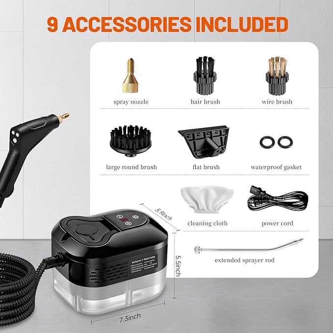 Pressurized Handheld Steam Cleaner Portable Steamer for Cleaning with 1.2L Large Tank 15s Fast Heat-Up 6-Level Adjustable Powerful Steam Cleaner for Home Car Kitchen Tile Grout(Black)