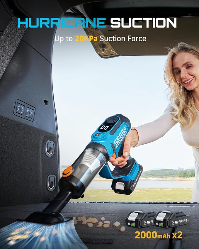 SEESII 3-in-1 Tire Inflator: Portable Air Compressor &amp Car Vacuum Cordless &amp Led Work Light with 2×2000mAh Batteries 21V Tire Air Pump 150PSI w/Digital Gauge+Auto-Shutoff for Ball/Bike/Car/Ho