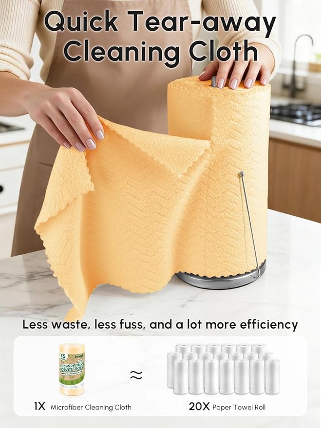 Microfiber Cleaning Cloths Roll 75 Pack Tear Away Microfiber Towels Roll 12 x 12 Lint Free Rags Reusable Cleaning Cloths Washable Scratch FreeUltra Absorbent Dish Rags(Orange Ripple)