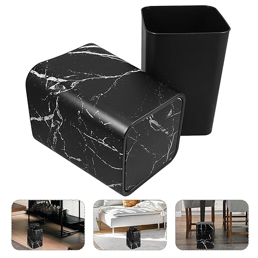 Marble Pattern Wastebasket with Lid Medium Size Square Trash Can Black Marble Texture Double Layer Garbage Bin for Home Bathroom Kitchen Office Use