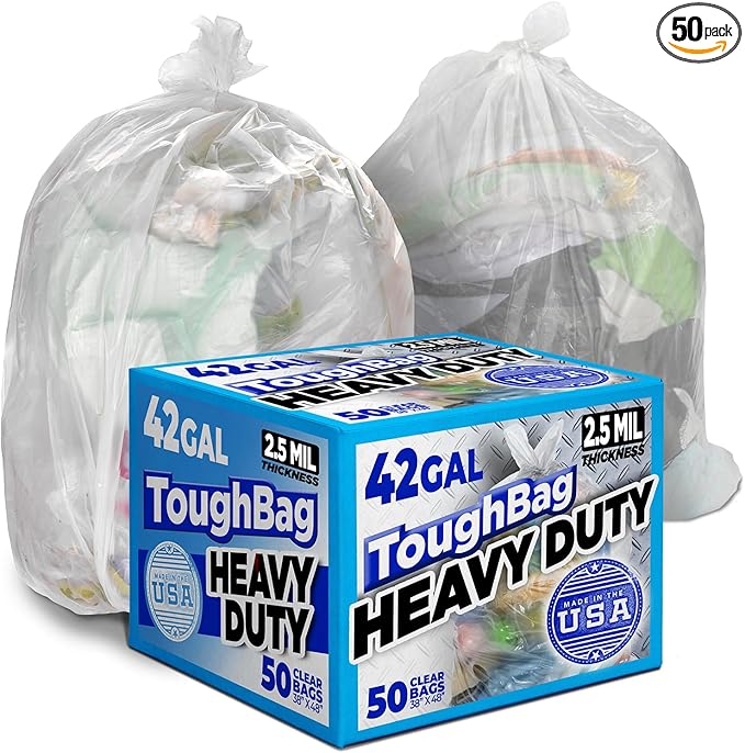 ToughBag 40-42 Gallon Trash Bags 2.5 Mil Contractor Bags Heavy Duty Large Trash Can Liners Recycling Trash Bags 33 x 48 (50 COUNT/CLEAR) - Made in USA