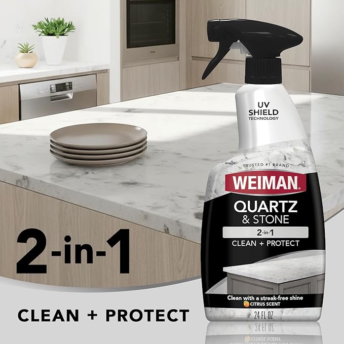 Weiman Quartz Countertop Cleaner and Polish - Clean and Shine Your Countertops Islands and Stone Surfaces with UV Protection 24 Ounce with MicroFiber Towel 2 Pack