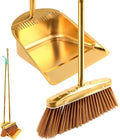 Gold Stainless Steel Broom and Dustpan Set 2-Piece Long Handle Standing Pan with Comb Teeth Heavy Duty Windproof Upright Design for Home Kitchen Indoor Outdoor Use