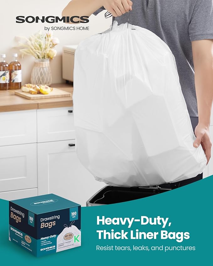 SONGMICS Trash Bags for 13-Gallon (50 L) Trash Cans Drawstring Kitchen Garbage Bags Pre-Separated Quick-Dispense Box Liner Code K 4 Rolls 160 Count White UKRB051A04