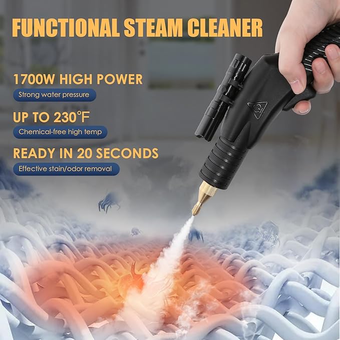 1700W Pressurized Steam CleanerHeavy Duty Portable Steamer for Car Detailing High Temp Home Use Floor Upholstery Grout 110V with 12 pcs Accessories