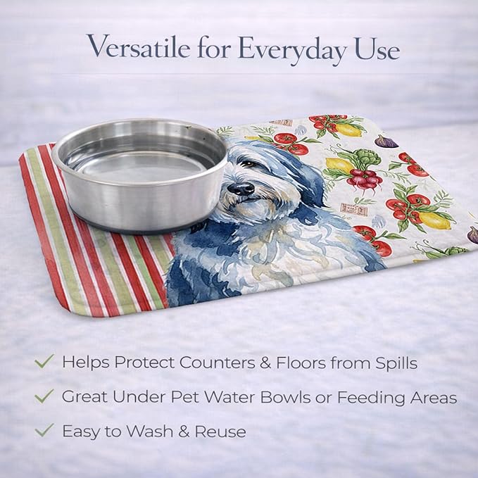 Caroline's Treasures Blue and White Old English Sheepdog Vegetables Dish Drying Mat Absorbent Dish Drying Mat Pad for Kitchen Counter Dish Drainer Mat for Countertop 14 x 21 Multicolor