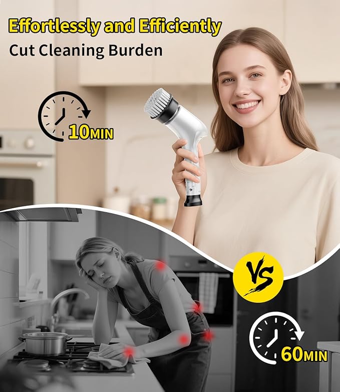 Electric Spin Scrubber Cordless Household Cleaning Brush with 6 Replaceable Heads 3 Speeds LED Display Lightweight Handheld Power Scrubber for Cleaning Stove/Bowl/Sink/Corner/Tile/Grout-White