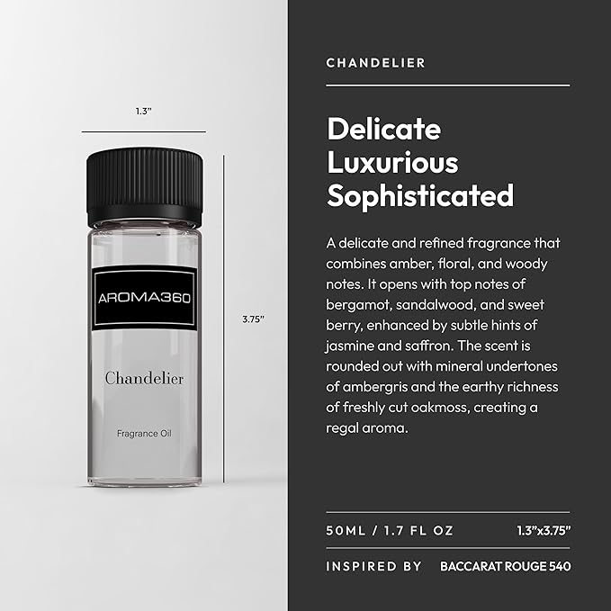 Aroma360 - Chandelier Fragrance Oil Blend | Hotel Inspired for Luxury Essential Oil Diffusers | Aromatherapy Scent Diffuser Oil | Bergamot Woodsy Sandalwood and Flirtatious Saffron - 50ML