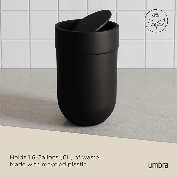 Umbra Touch Trash Can Small 1.6-Gallon Garbage Bin with Swing Lid Waste Basket for Bathroom or Office Black