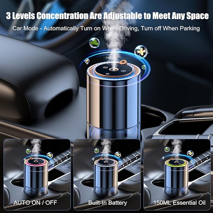 Car Air Freshener Car Scents Air Freshener 150ML Natural Fragrance 300 Days Long Lasting Car Essential Oil Diffuser with Star Projector and Flame Ambient Mood Light Auto On/Off