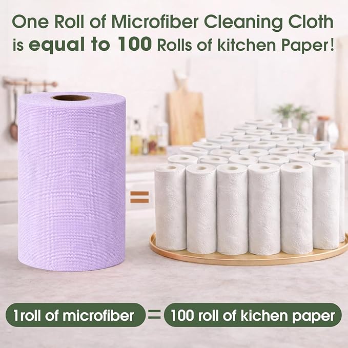 Microfiber Cleaning Cloth Roll - 100 Pack Tear Away Microfiber Paper Towels Reusable Washable Scratch-Free Kitchen Towels for Car Home Kitchen Glass Dishes (Light Purple)