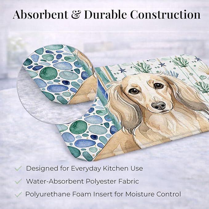 Caroline's Treasures Longhaired Cream Dachshund Coastal Sea Glass Dish Drying Mat Absorbent Dish Drying Mat Pad for Kitchen Counter Dish Drainer Mat for Countertop 14 x 21 Multicolor