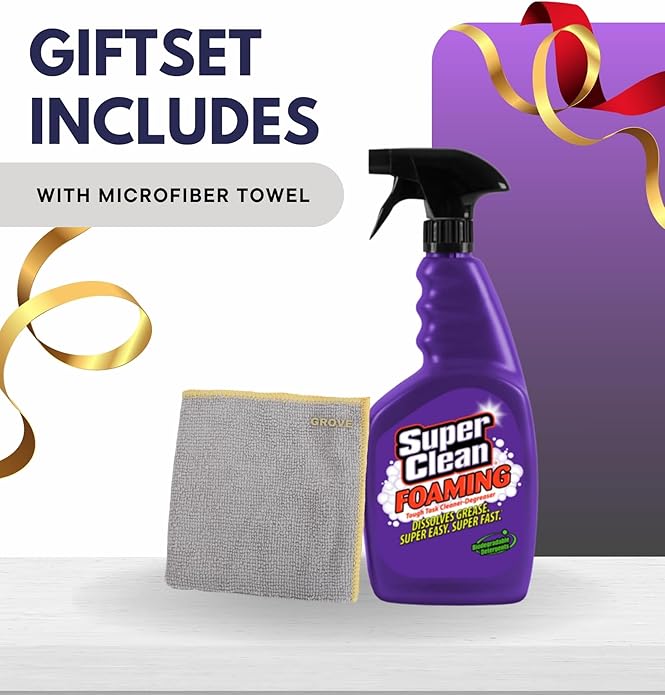 Super Clean Citrus Scent Foaming Cleaner and Degreaser Spray 32 oz Bundle with Microfiber Cloth - Heavy Duty Degreaser for Kitchen Oil Grime and Dirt Removal - (4 Items)