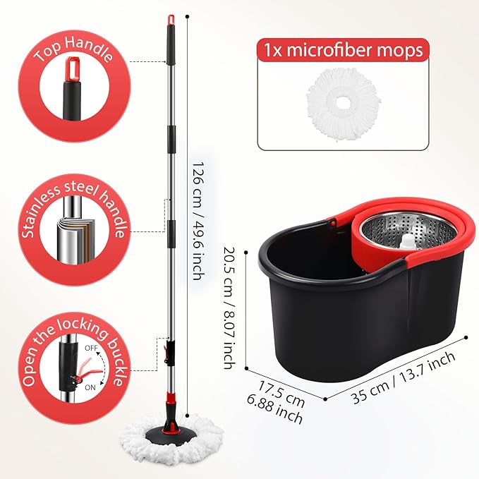 Spin Mop and Bucket Mop and Bucket with Wringer Set for Home 360 Spinning Mop Bucket Floor Cleaning Tool with 1 Microfiber Mop Replacement Head50 Stainless Steel Handle (Black-Includes 1 mop)