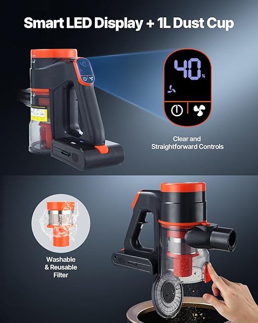 VEVOR Cordless Vacuum Cleaner 40KPA Max Suction Rechargeable Anti-Tangle Stick Vacuum with LED Display Screen Lightweight Handheld Vac with 47mins Runtime for Home Carpet Pet Hair Hard Floor