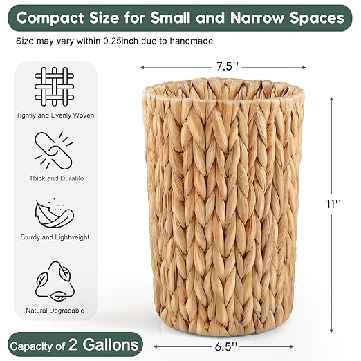 2 Gallon Wicker Trash Can Woven Water Hyacinth Wicker Waste Basket for Bathroom Small Trash Can for Bedroom Round Garbage Can for Boho Decor Bedroom Bathroom