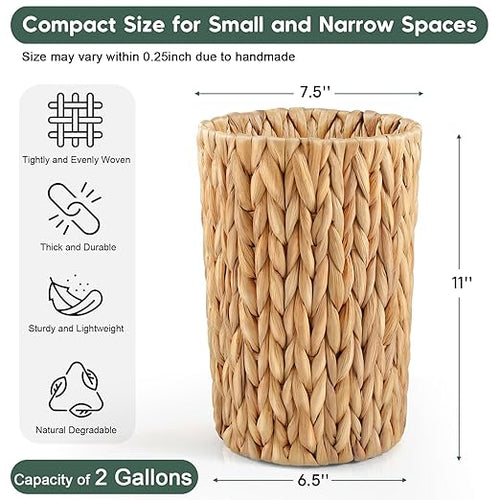 2 Gallon Wicker Trash Can Woven Water Hyacinth Wicker Waste Basket for Bathroom Small Trash Can for Bedroom Round Garbage Can for Boho Decor Bedroom Bathroom