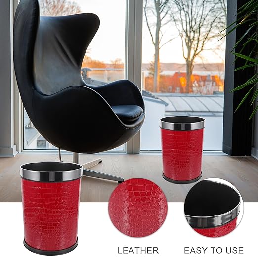 Trash Can with 12L Capacity Red Embossed Pattern Garbage Bin with Stainless Steel Ring Single-Layer Rubbish Bin for Hotel Rooms Bedrooms and Office Wastebasket