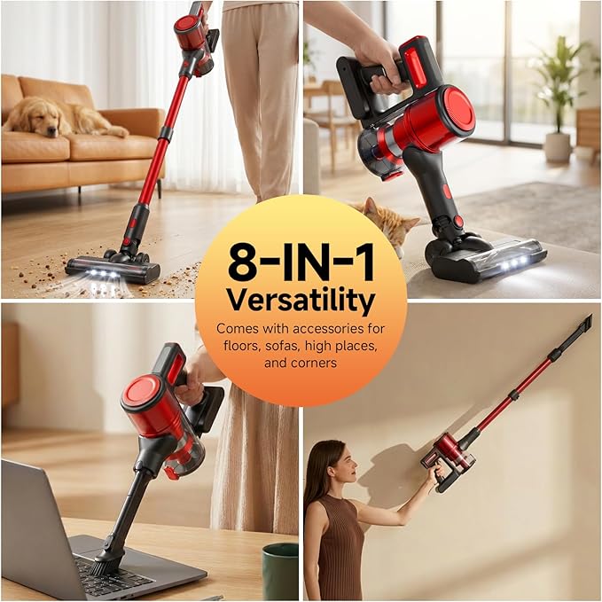 Cordless Vacuum Cleaner for Home - Lightweight Stick Vacuum Clean with Rechargeable Battery Max 45Mins Runtime 8 in 1 Handheld Vacuum for Hardfloor &amp Carpets Pet Hair Red&ampBlack
