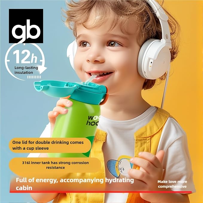gb Insulated Water Bottle for Kids with Straw Direct Drink Spout BPA-Free SUS316 Stainless Steel 12-Hour Temperature Retention Leak-Proof Adjustable Oxford Strap Green