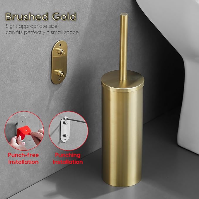 Gold Brushed Stainless Steel Toilet Brush and Cover No-Punch Hook Base Dual Purpose Toilet Brush Holder with Removable Inner Bucket and Splash Cover - Soft Bristles (Brushed Gold)
