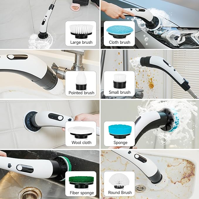 PUNOMO Electric Spin Scrubber 2026 Upgraded Cordless Cleaning Brush Bathroom Scrubber with 8 Replaceable Brush Heads Adjustable Long Handle Power Scrubber for Bathtub Shower Kitchen Floo