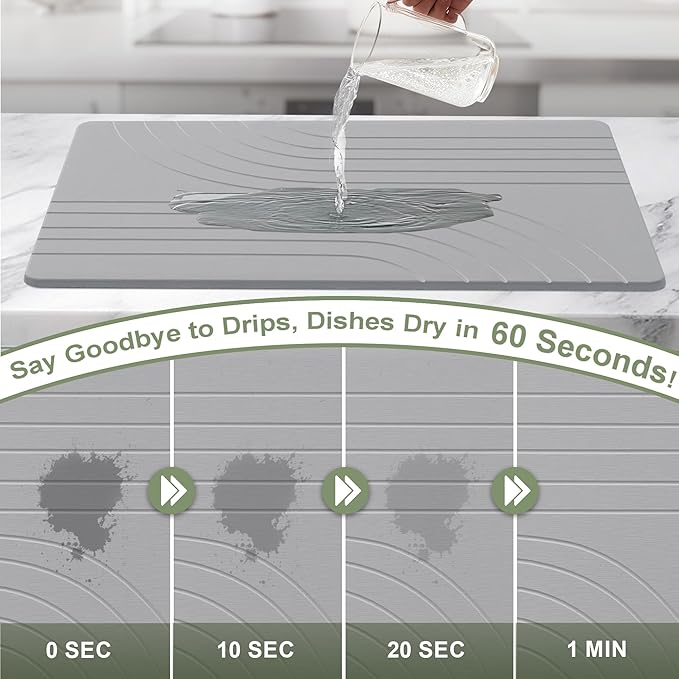 Large Stone Drying Mat for Kitchen Counter 24 × 16 Diatomite Dish Drying Mat Quick Dry Stone Mats Ultra Absorbent Natural Diatomaceous Earth Mats for Dished Bottles Dark Grey