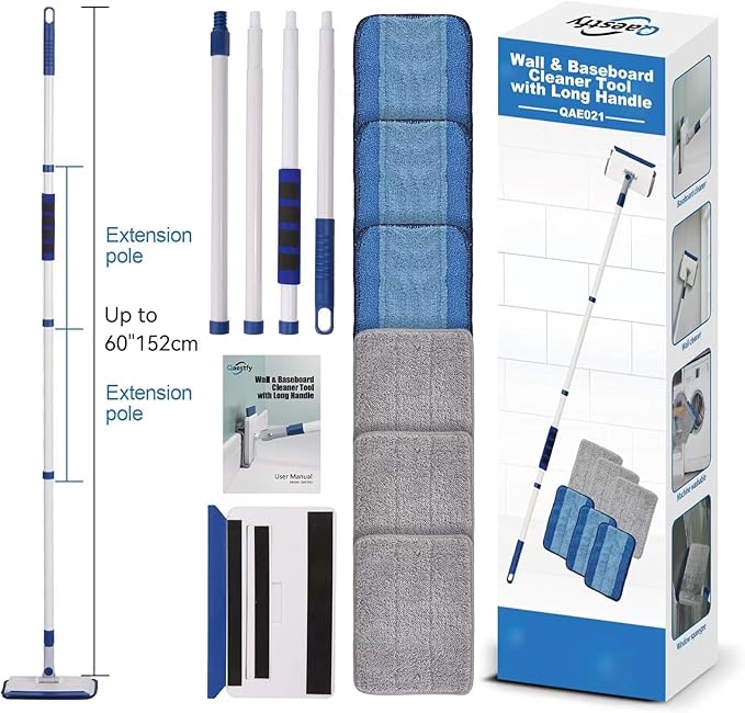 Qaestfy Baseboard Cleaner Tool with Handle Wall Floor Mop with Extendable Long Handle Duster for Cleaning Window Floor Skirting Board Ceiling Shower Tub Tile Kitchen with 6 Reusable Pads