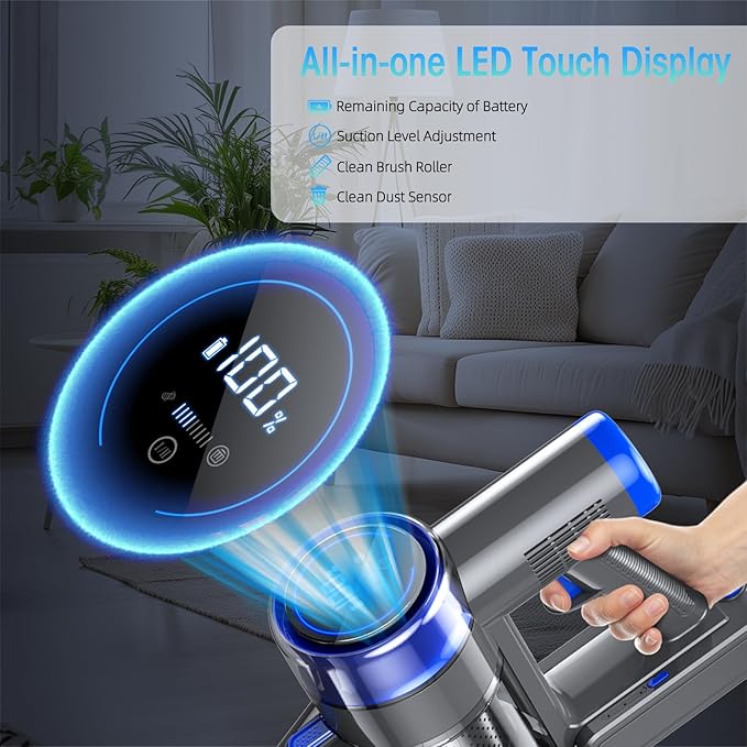 Cordless Vacuum Cleaner 8-in-1 Strong Power Suction Stick Vacuum Cleaners with 2200 mAh Detachable Battery Lightweight Self-Standing 45 Mins Runtime for Home Low-Pile Carpet Pet Hair