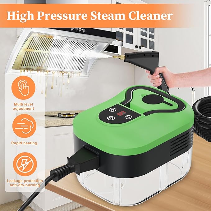 Steam Cleaner Handheld Steam Cleaner for Home Car Furniture Bathroom 2500W High Pressure Steam Cleaner 1.2L Water Capacity 6 Adjustable Speeds 4 Brush Heads Steamer for Cleaning (Green)