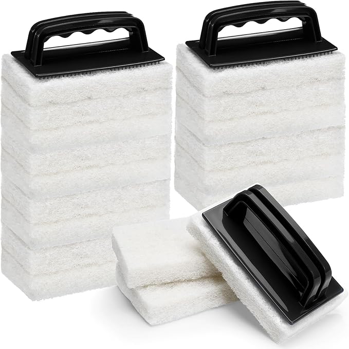 Maxdot 18 Pcs Handled Bath Scrubber Set 15 Bathroom Scouring Pad 3 Bathtub Scrubber with Handle Non Scratch Soap Scum Remover for Cleaning Sink Shower Tile Swimming Pool Step Corner (Black and White)