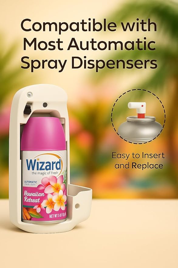 Wizard Automatic Spray Refill – Hawaiin Retreat 5 oz (12 Pack) | Compatible with Air Wick Freshmatic &amp Glade Dispensers | Long Lasting Odor Neutralizer for Home &amp Office