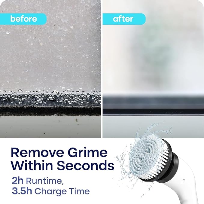 Electric Spin Scrubber for Cleaning Adjustable Shower Brush with 7 Replaceable Heads &amp Power LED Display 2 Speed Waterproof Cordless Shower Scrubber for Bathtub Kitchen Car White