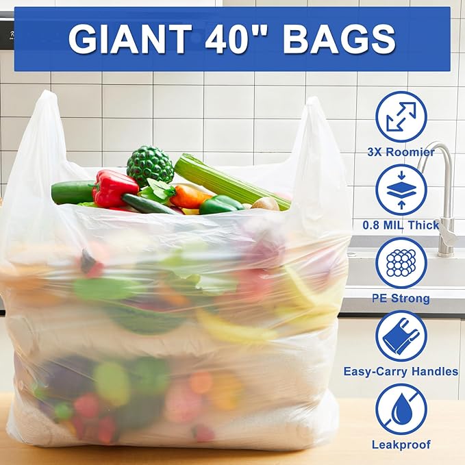 100 Pack 40 x 30 x 8 Extra Large White Plastic Shopping Bags(0.8 Mil Thick) Reusable Heavy Duty Large T-shirt Grocery Bags Bulk with Handles for Restaurant Retail Business