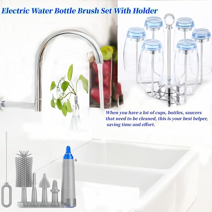 Electric Baby Bottle Cleaner with Drying Rack Silicone Bottle Brush Set Easy-Grip Handle Rechargeable/Waterproof Spinning Brush Grey