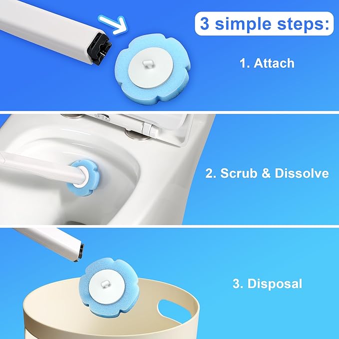 JOYMOOP White Flat Mop &amp Bucket with 1 Microfiber Pad 12 Disposable Toilet Brushes Stainless Steel Toilet Brush and Holder Set Multi-Functional Cleaner for Floors Windows and Toilets