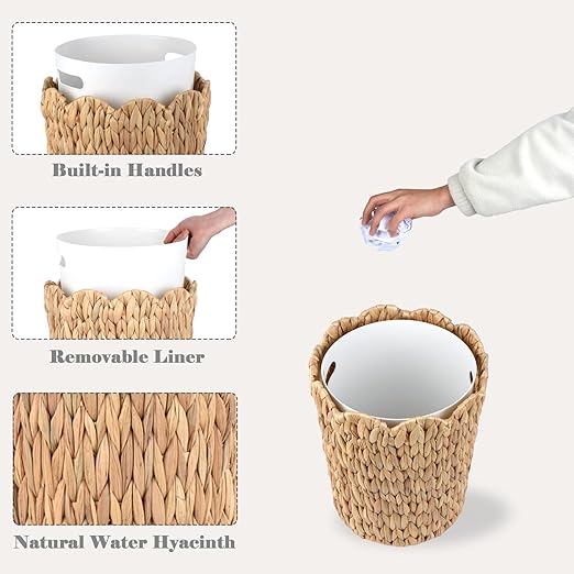3.5 Gallon Scalloped Edge Wicker Waste Basket with Removable Plastic Liner Handwoven Rattan Trash Can for Bathroom Bedroom Office Home