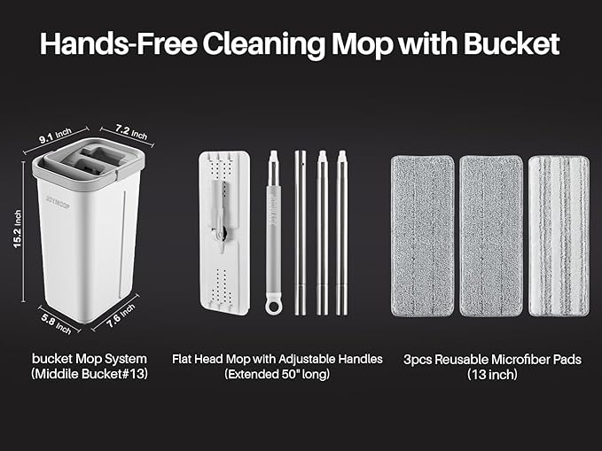 JOYMOOP Mop and Bucket with Wringer Set Hands Free Flat Floor Mop and Bucket with 3 Washable Microfiber Pads Wet and Dry Use Floor Cleaning System