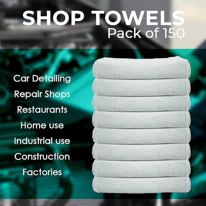 Avalon Towels Cotton Shop Rags – (Pack of 150) Size 12x14 Inches Cleaning Rags – Absorbent Shop Towels and Multipurpose Cleaning Towels for Automobiles Industries Garage and Homes (Grey)
